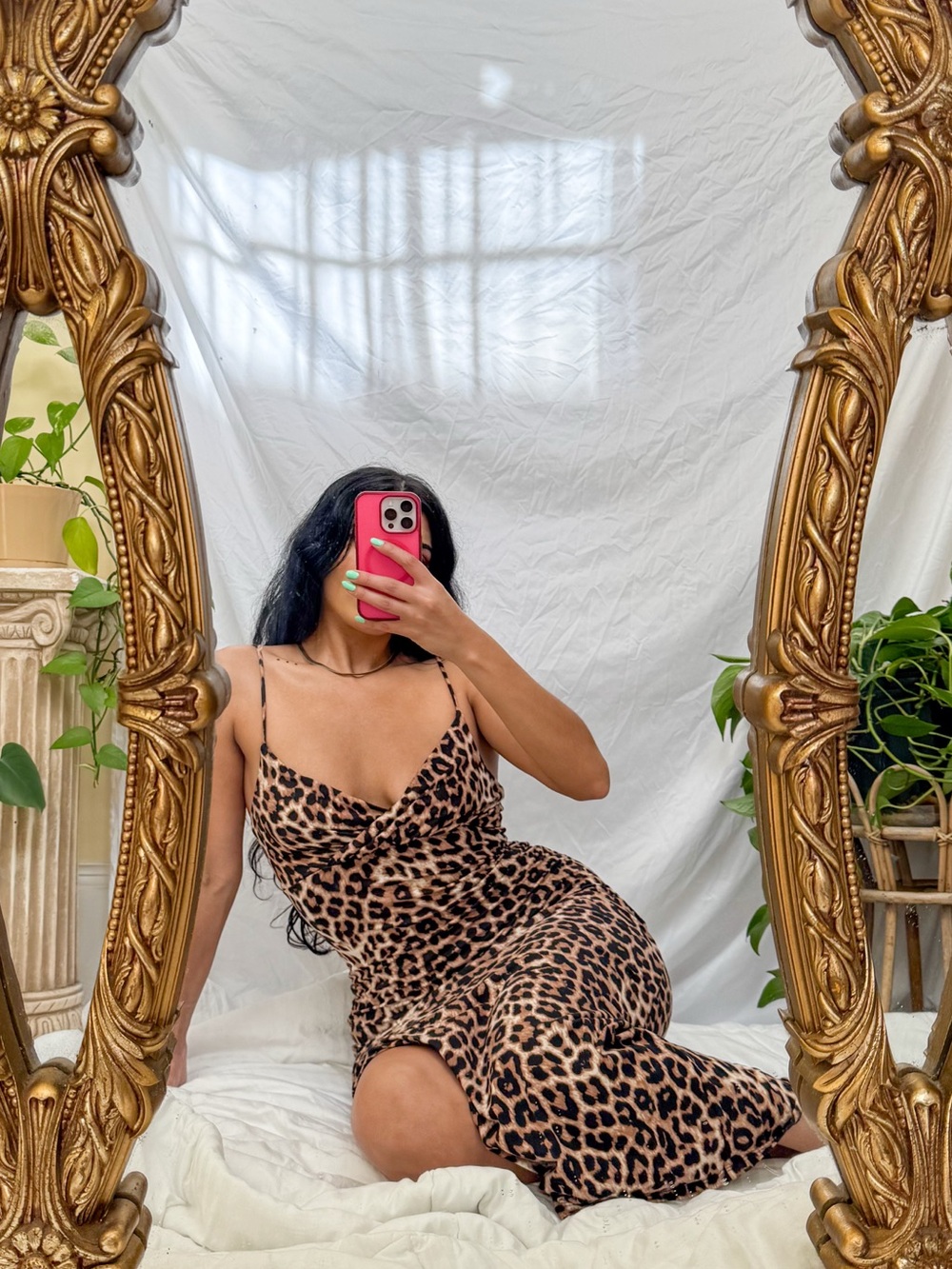 Leopard Print Slip Maxi Dress with Thin Straps - Brown/Black